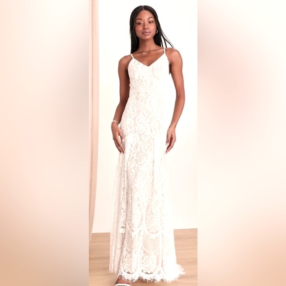 Lulus Flynn Antique White Over Nude Embroidered Lace Wedding Dress w Mini Train - Picture 12 of 15